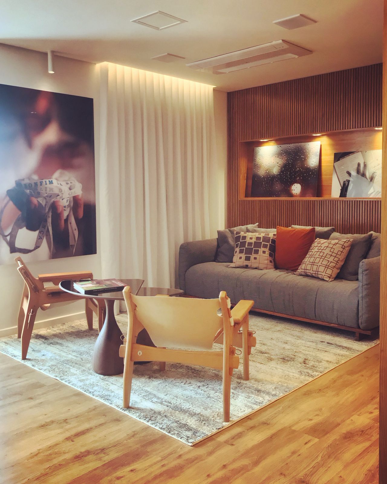 Sala de estar projetada por uma design de interiores